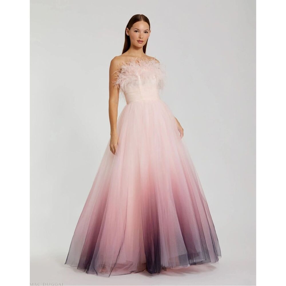MAC DUGGAL Pink Ombre Strapless Feather Bodice Tulle Gown SIZE US 4 $698
